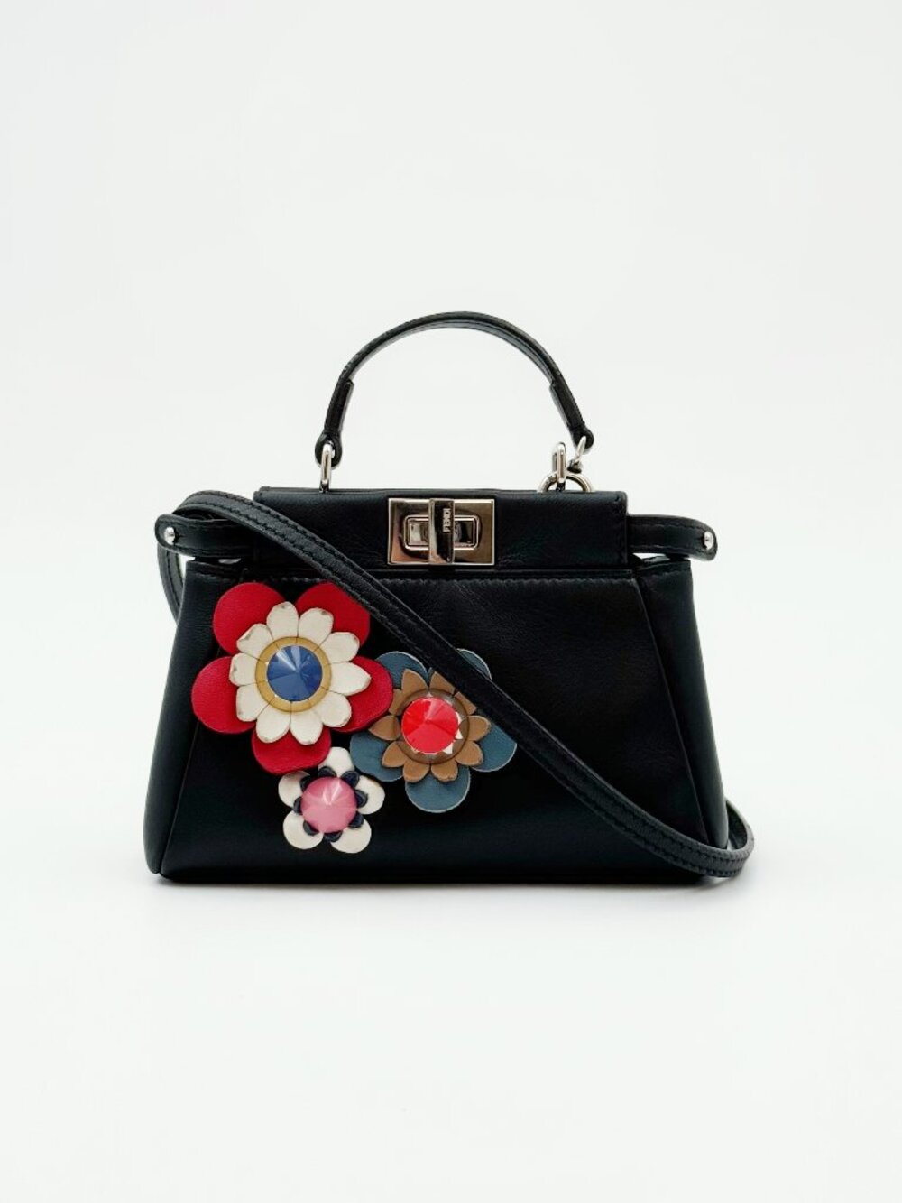 Fendi Micro Peekaboo Black Leather Flower Applique Crossbody Bag